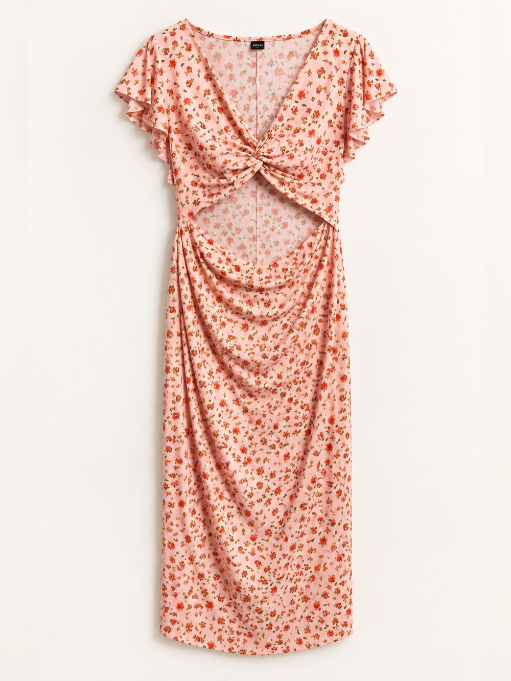 SHEIN XL Pink Floral Cutout Midi Dress Flutter Sleeve Twist Front
